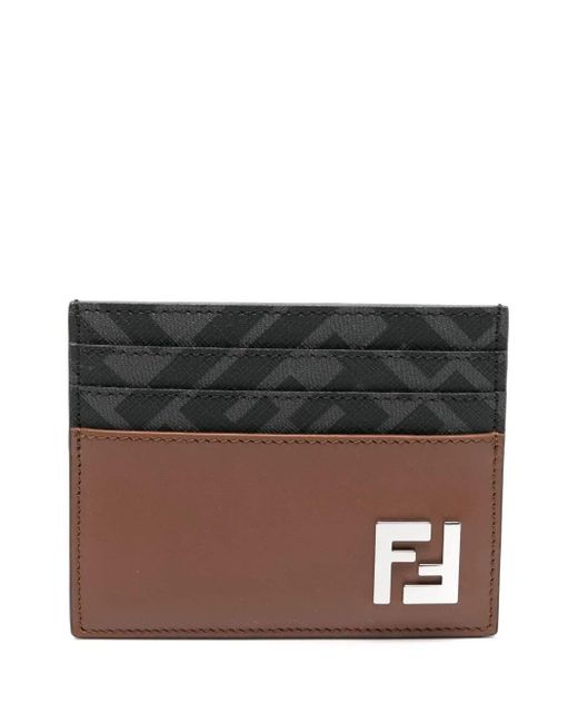 Fendi Black Leather And Ff Canvas Squared Card Holder for men