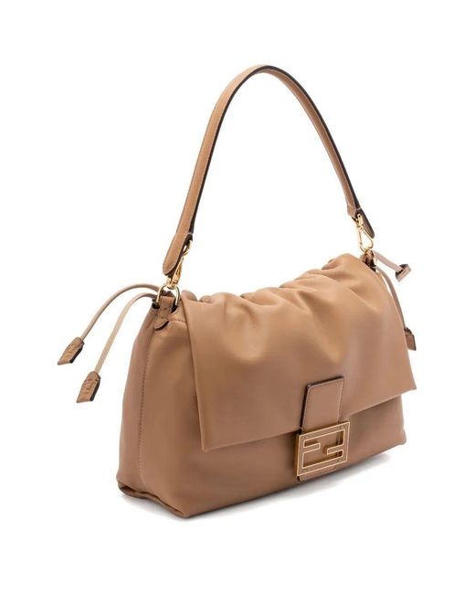 Fendi Brown Mini Leather Bag With Ff Closure And Drawstring Design (W 31.5 X H 22 X D 12 Cm)
