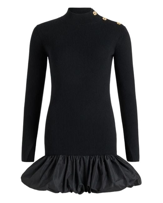 Patou Black Ruffle Hem Ribbed Mini Dress In Wool And Faille