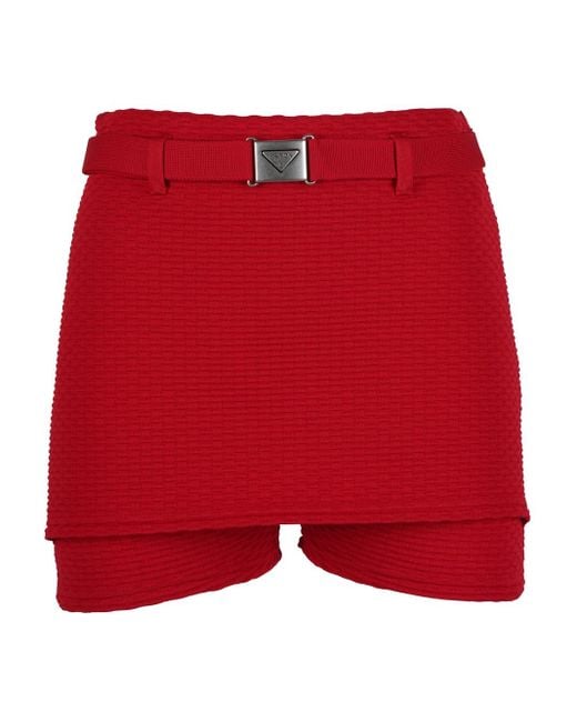 Prada Red Jacquard Belted Mini Shorts