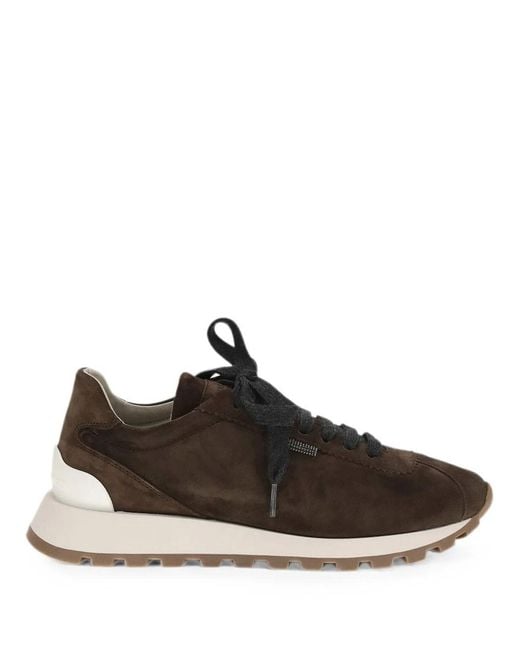 Brunello Cucinelli Brown Suede Runners With Shiny Tab