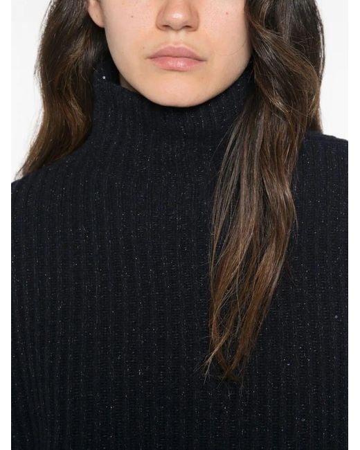 Brunello Cucinelli Blue High Neck Ribbed Cashmere Sweater With Sequins
