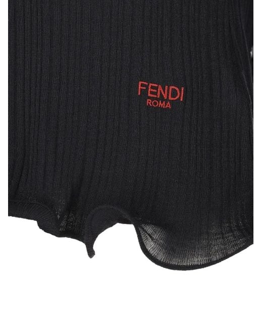 Fendi Black V-Neck Ribbed Top With Ruffles