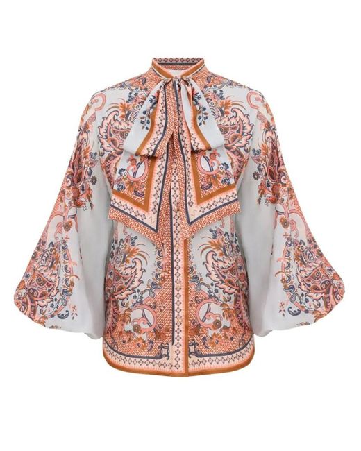 Zimmermann White Aster Tie Neck Silk Blouse