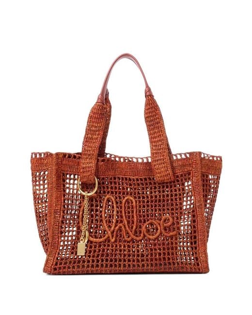 Chloé Red Eastwest Summer Banana Summery Raffia Tote Bag