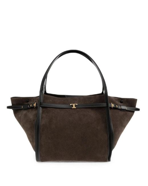 Tod's Black Medium Suede Leather T Signature Shopping Bag
