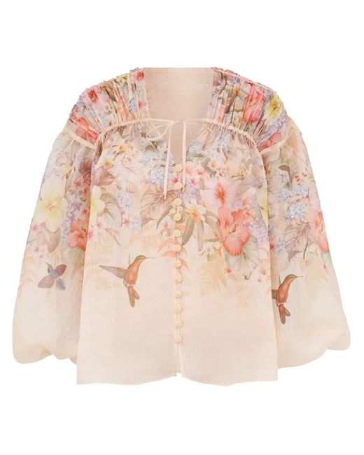 Zimmermann Natural Linen And Silk Blend Floral Blouse