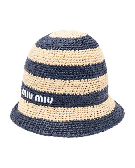 Miu Miu Blue Embroidered-logo Striped Hat