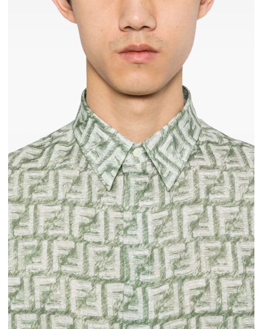 Fendi Green Ff-Motif Linen Shirt for men