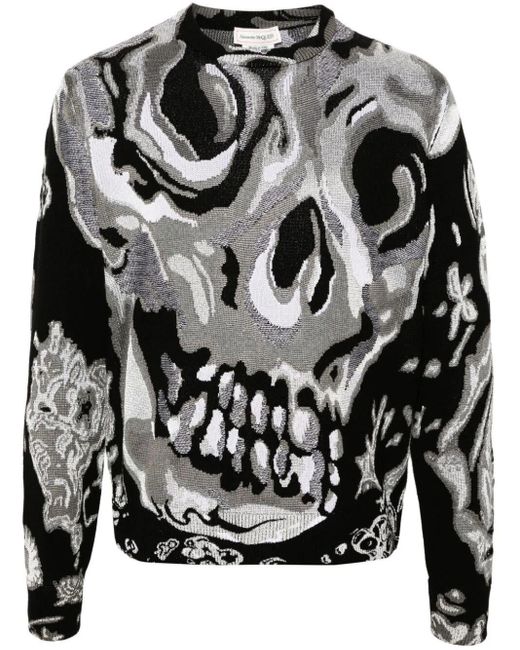 Alexander McQueen Gray Skull Jacquard Crewneck Sweater for men