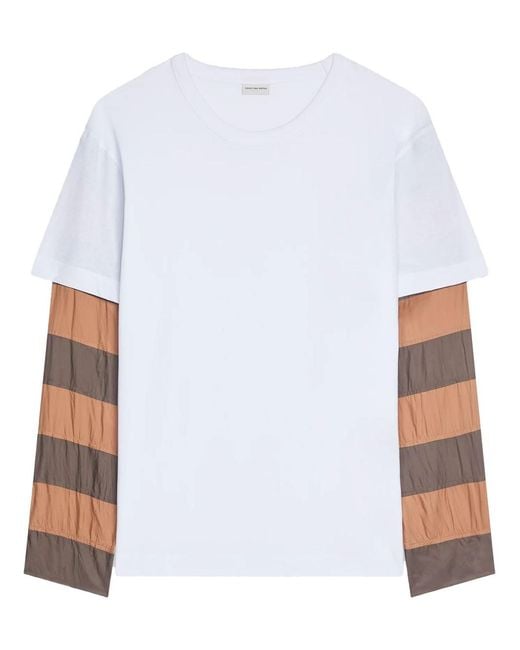 Dries Van Noten White Loose Fit Contrast Striped Sleeves T-Shirt for men
