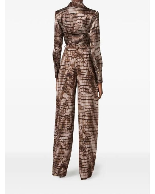 Elisabetta Franchi Brown Alligator-Print Satin Shirt