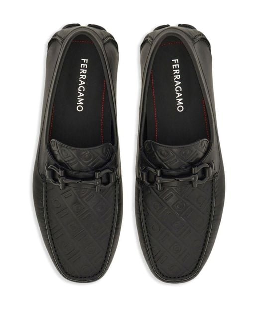 Ferragamo Black Embossed Gancini Monogram Driving Loafers Shoes for men