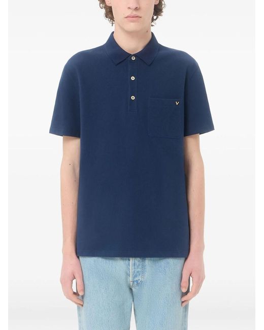 Valentino Garavani Blue Cotton Piqué Polo With Vgold for men
