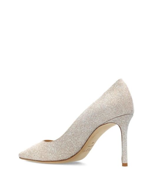 Jimmy Choo White Romy 85 Champagne Coarse Glitter Fabric Pumps Shoes