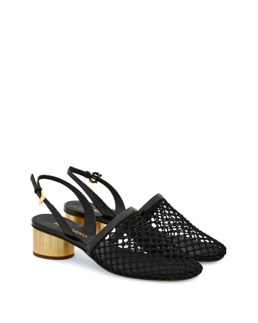 Ferragamo Black Elegant Mesh And Leather Slingback Pumps