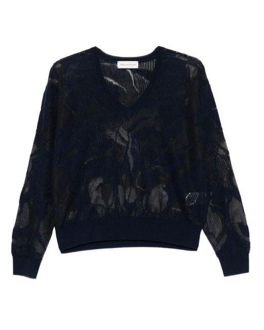 Dries Van Noten Blue Torion Lace Cotton V-Neck Sweater