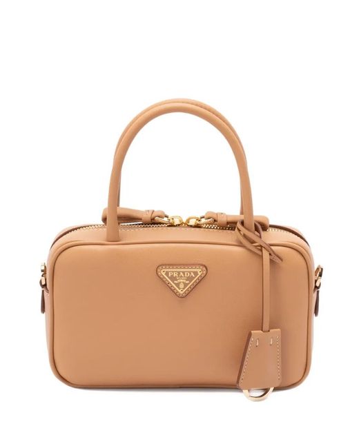 Prada Natural Mini Leather Top Handle Bag With Shoulder Strap
