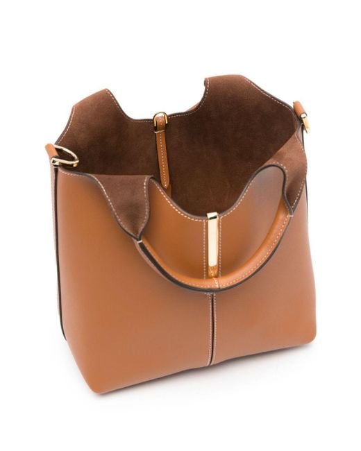 Tod's Brown Leather Mini Shopping Tote Bag With Branded Metal Bar Accessory