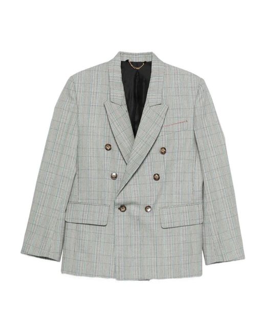 Victoria Beckham Gray Check Wool Double-Breasted Tailored Jacket