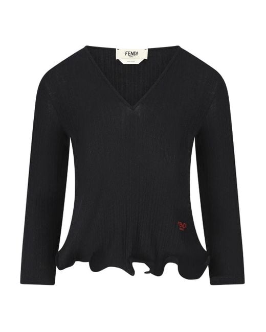 Fendi Black V-Neck Ribbed Top With Ruffles