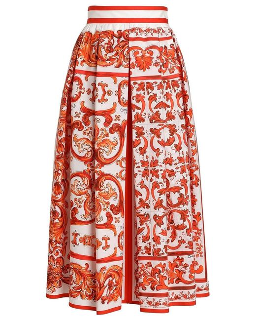 Dolce & Gabbana Red Majolica-Print Poplin Pleated Skirt