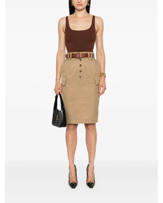 Saint Laurent Natural Cassandre Cotton Twill Pencil Skirt