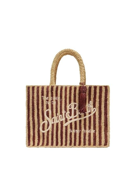 Mc2 Saint Barth White Colette Bag In Brown Striped Raffia With Embroidered L