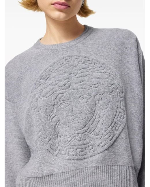 Versace Gray Virgin Wool And Cashmere Sweater With Front Medusa Embroidery