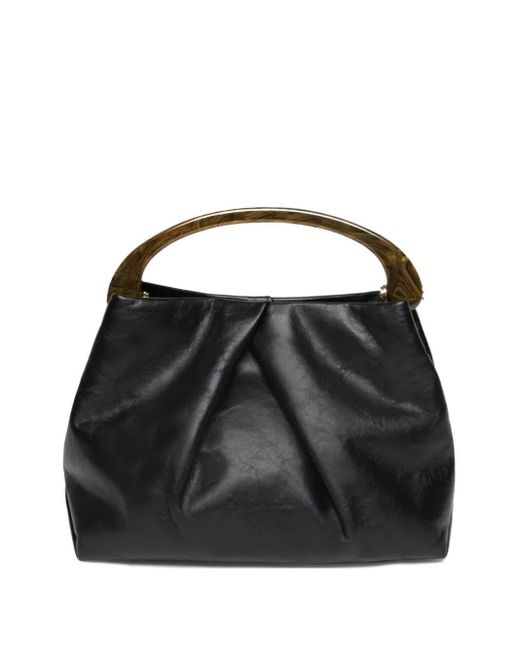Dries Van Noten Black Pleated Leather Handbag With Resin Top Handle