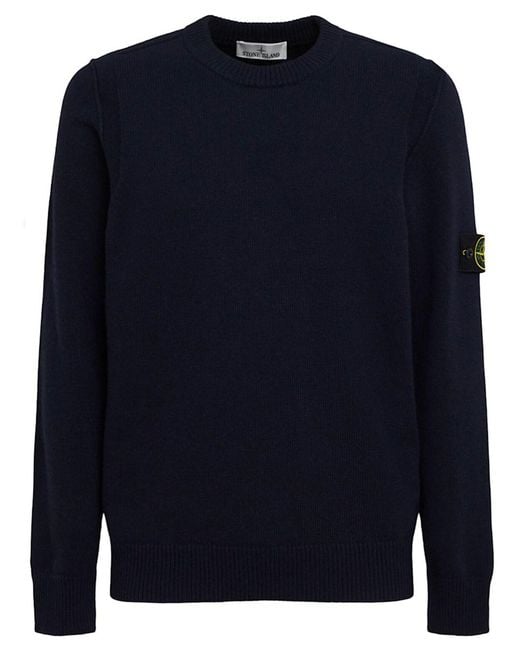 Stone Island Blue Loose Fit Ribbed Cotton Crewneck Sweater for men