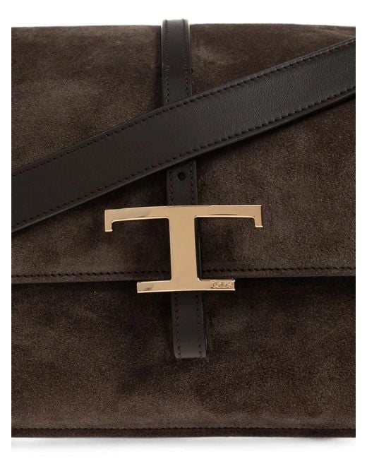 Tod's Black Small Flap T Timeless Suede Bag