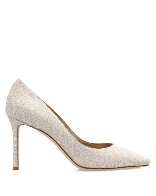 Jimmy Choo White Romy 85 Champagne Coarse Glitter Fabric Pumps Shoes