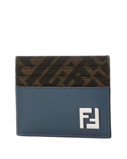 Fendi Blue Leather And Ff Canvas Squared Card Holder for men
