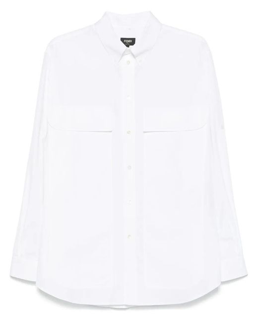 Fendi White Topstitched Roma Lettering Cotton Shirt Clothing for men