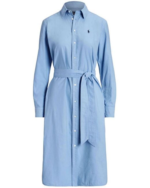 Polo Ralph Lauren Caroli Blue Logo-embroidered Belted Linen Midi Dress