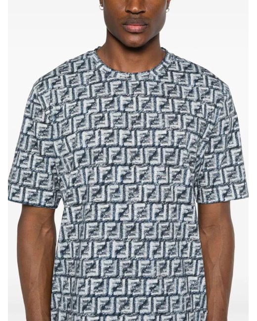 Fendi Blue Ff Motif Cotton T-Shirt for men