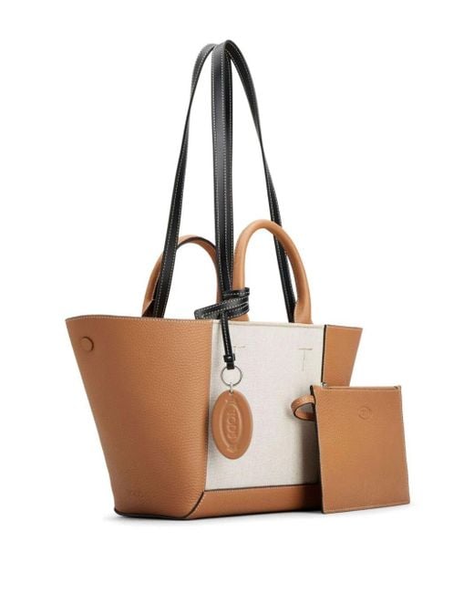 Double Up Shopping Bag In Leather And Canvas Small di Tod's in Natural