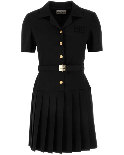 Miu Miu Stretch Wool Pleated Dress in Black | Lyst