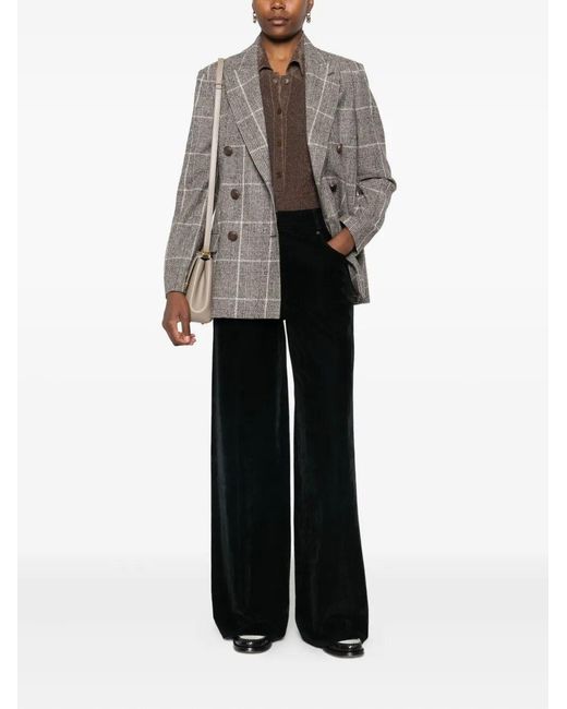 Brunello Cucinelli Gray Alpaca And Wool Prince Of Wales Double-Breasted Blazer With Monili