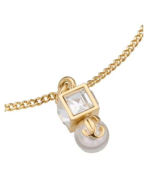 Jimmy Choo White Metal Jc Pearl Cube Bracelet With Pearl And Crystal Cube