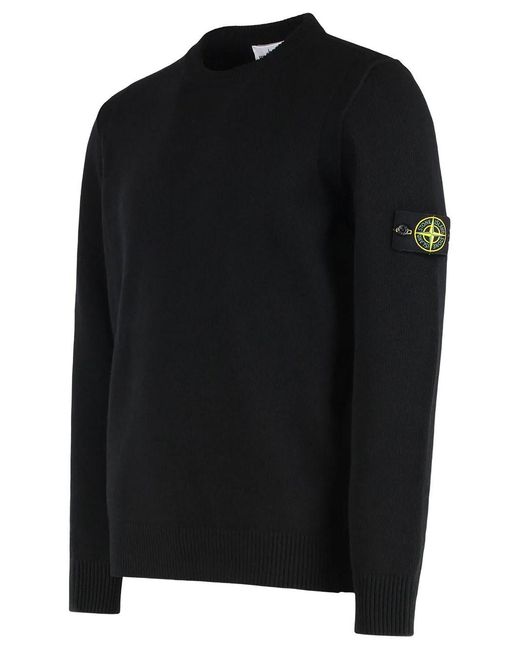 Stone Island Black Crew Neck Sweater Regular Fit With Ribbed Finish for men