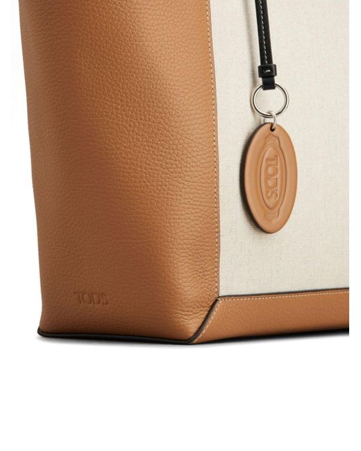 Tod's Natural Double Up Shopping Bag In Leather And Canvas Small