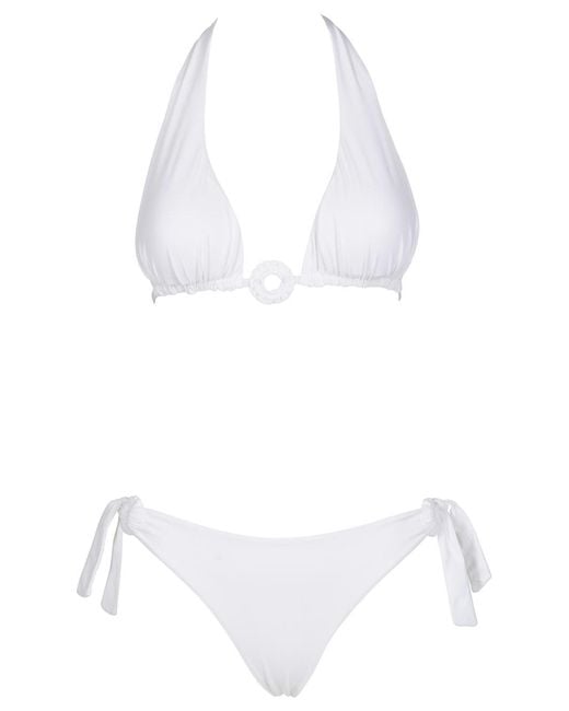 Fisico White Ruffled Triangle Bikini With Ring