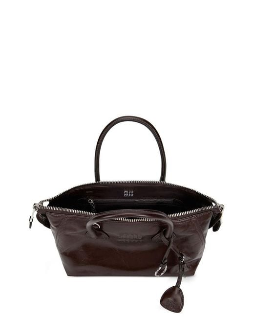 Miu Miu Brown Leather Tote Bag With Embossed Logo