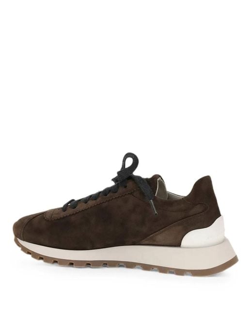 Brunello Cucinelli Brown Suede Runners With Shiny Tab