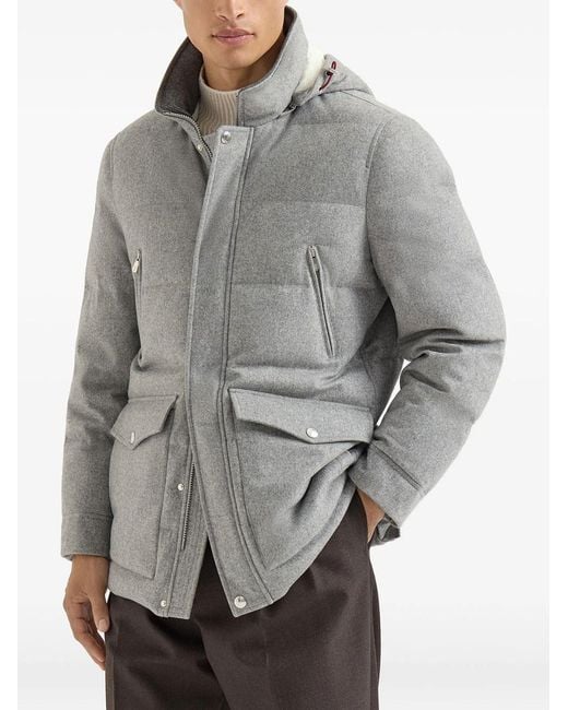 Brunello Cucinelli Gray Bonded Wool Flannel Down Parka With Detachable Hood for men