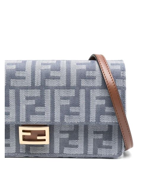 Fendi Gray Denim-Effect Ff Jacquard Baguette Wallet On Chain