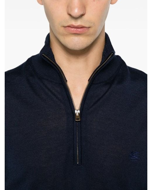 Etro Blue Wool And Silk Sweater With Zip And Pegasus Embroidery for men