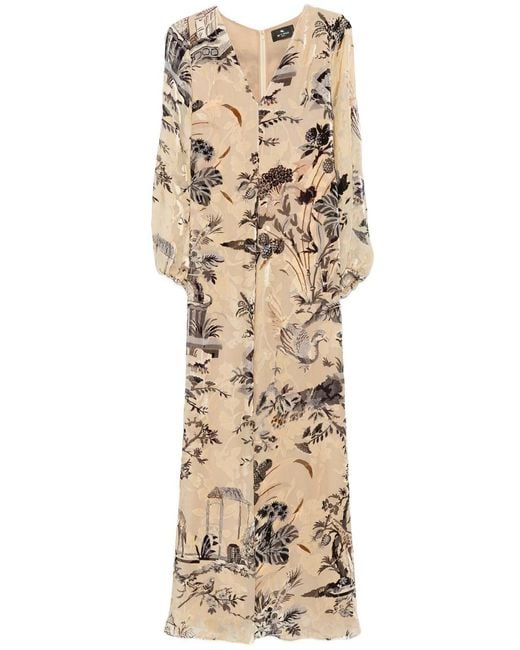 Etro Natural Long Dress With Silk Blend Print